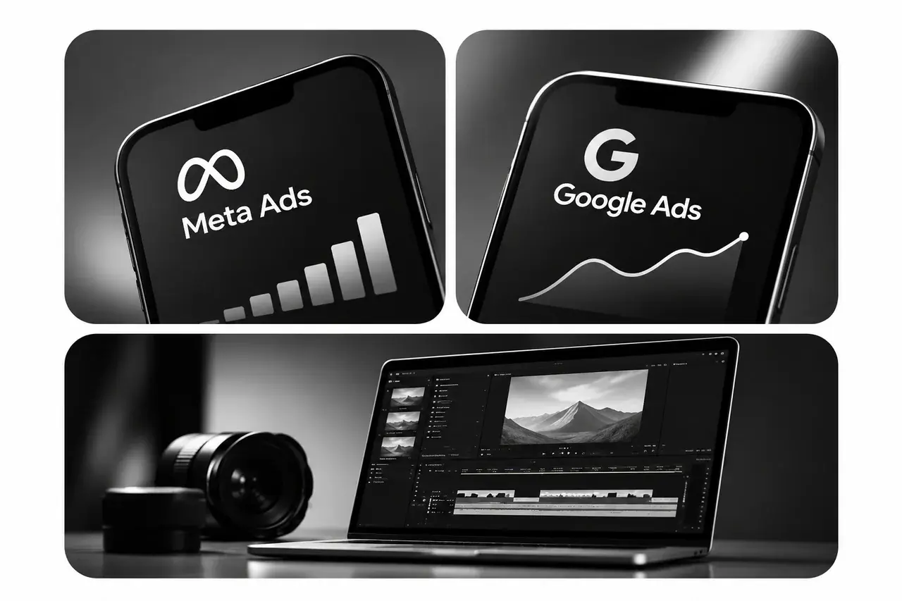 Marketing fulfillment collage: a phone showing Meta Ads analytics, a phone showing Google Ads growth charts, and a laptop with video editing software next to a camera lens